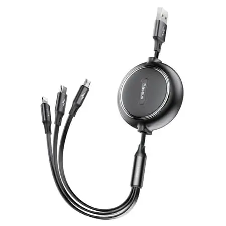 Cablu USB Baseus BRA013138 | 3in1, USB-C + Micro USB + Lightning, 1.2m, 3.5A, Retractabil
