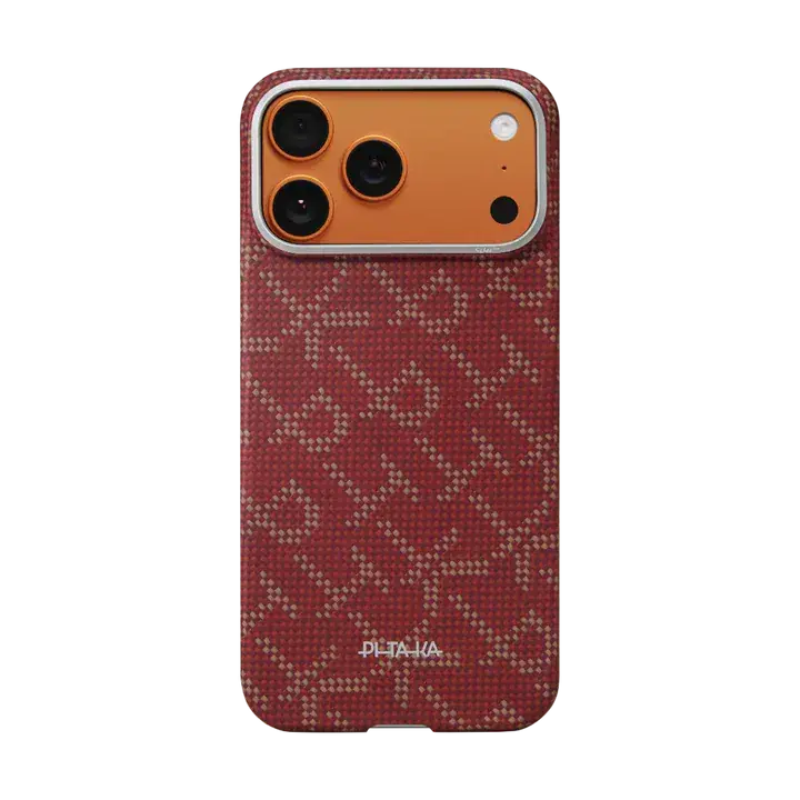 Husa Pitaka KI1702PTKP | iPhone 17 Pro Max, Ultra-Slim, PitaTap, Monogram Gold/Red