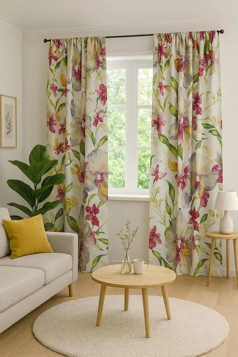 Set 2 draperii Dimout cu model floral, culori deschise