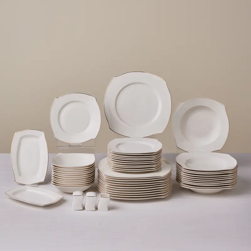 Square Bone China Wave, 53 Piese, Set de Veselă Pentru 12 persoane, Aur